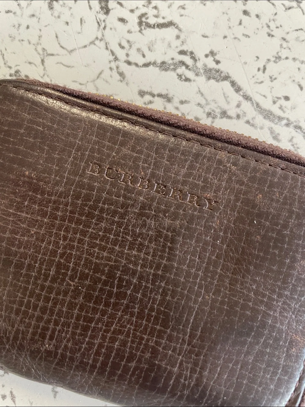Burberry Dark Brown Textured Leather Zip-Around Wallet *Flawed*